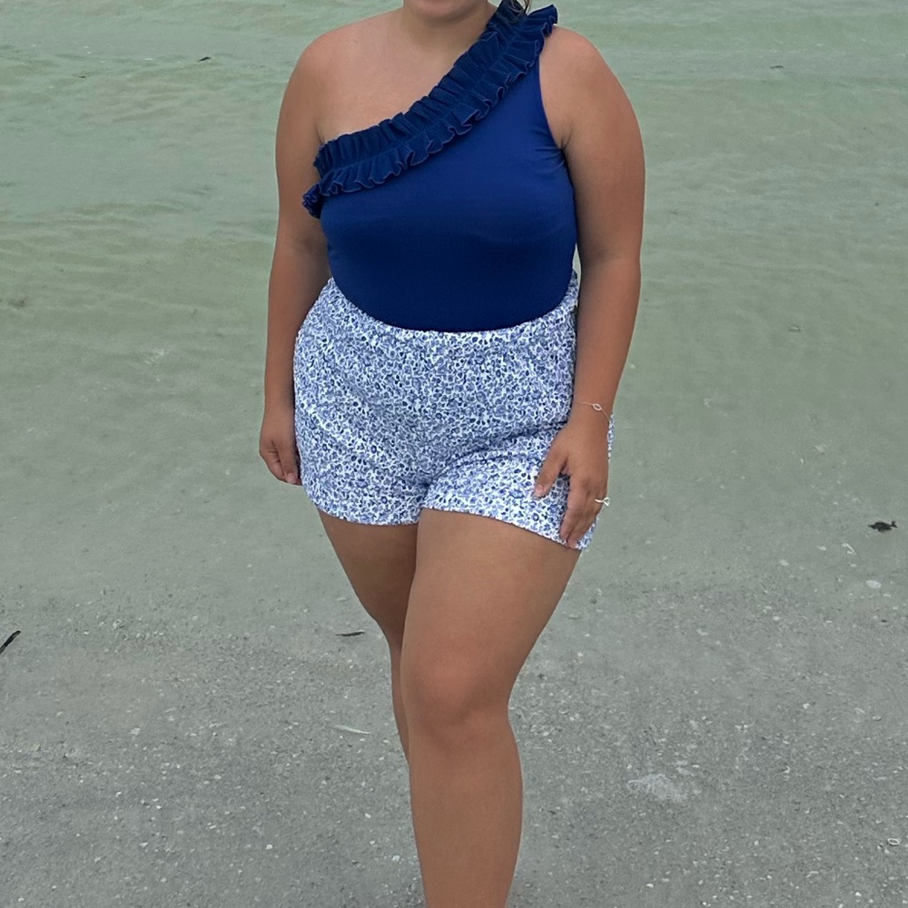 Blue Ruffled One-Shoulder Top